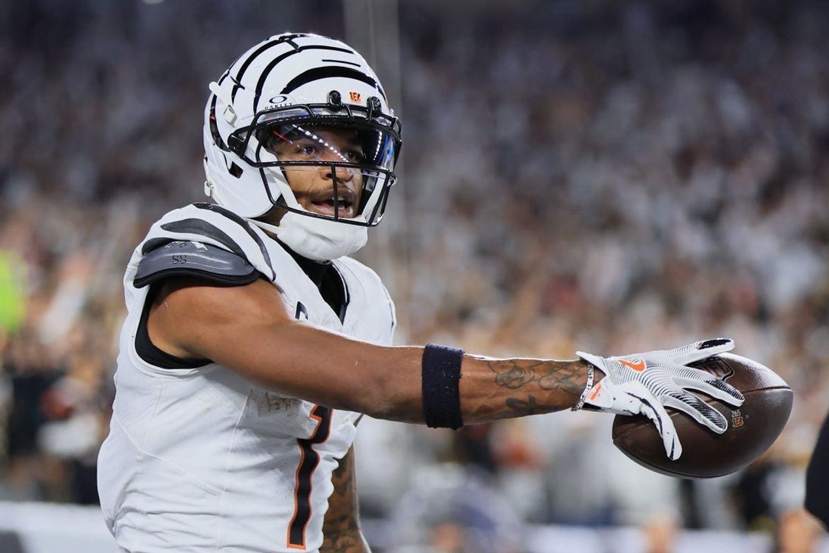 Oct 16, 2025; Cincinnati, Ohio, USA; Cincinnati Bengals wide receiver Ja'Marr Chase (1) reacts after catching a touchdown pass thrown by quarterback Joe Flacco (16) (not pictured) against the Pittsburgh Steelers during the second quarter at Paycor Stadium. Mandatory Credit: Katie Stratman-Imagn Images