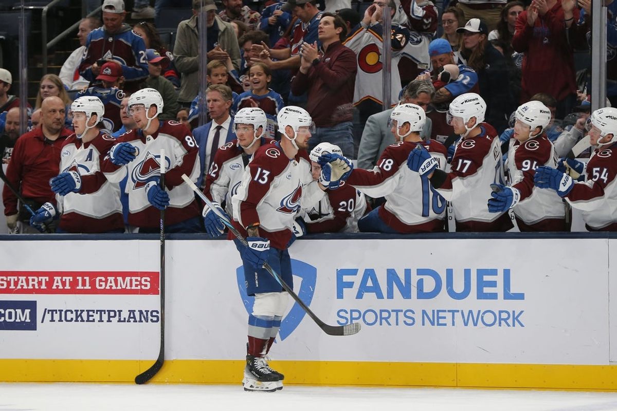 Oct 16, 2025; Columbus, Ohio, USA; Colorado Avalanche right wing Valeri Nichushkin (13) celebrates his goal against the Columbus Blue Jackets during the third period at Nationwide Arena. Mandatory Credit: Russell LaBounty-Imagn Images