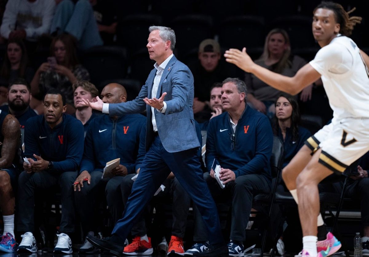 Virginia coach Ryan Odom works the referees during the second half of their exhibition game against Vanderbilt at Memorial Gym in Nashville, Tenn., Thursday, Oct. 16, 2025.
