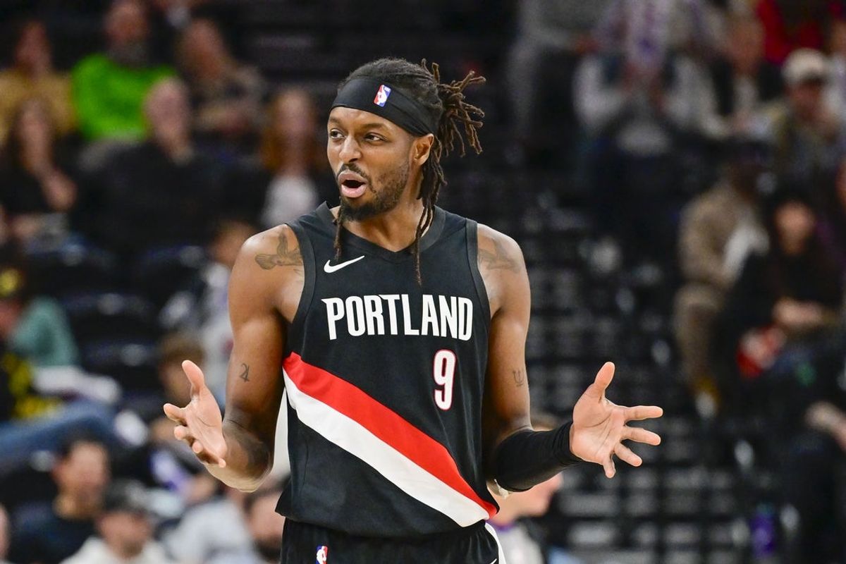 Oct 16, 2025; Salt Lake City, Utah, USA; Portland Trail Blazers forward Jerami Grant (9) questions a call during the second half against the Utah Jazz at Delta Center. Mandatory Credit: Peter Creveling-Imagn Images