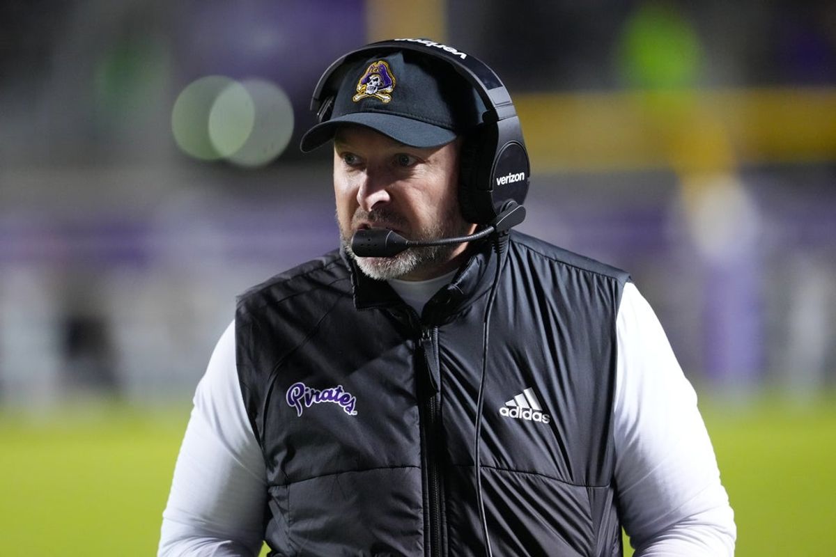 Oct 16, 2025; Greenville, North Carolina, USA;  East Carolina Pirates head coach Blake Harrell looks on against the Tulsa Golden Hurricane during the first half at Dowdy-Ficklen Stadium. Mandatory Credit: James Guillory-Imagn Images