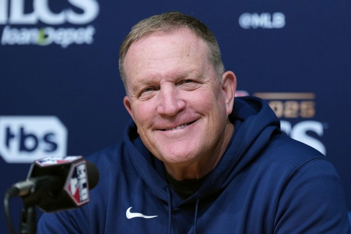 Oct 17, 2025; Los Angeles, California, USA; Milwaukee Brewers manager Pat Murphy (49) speaks in a press conference before game four against the Los Angeles Dodgers in the NLCS round for the 2025 MLB playoffs at Dodger Stadium. Mandatory Credit: Kirby Lee-Imagn Images