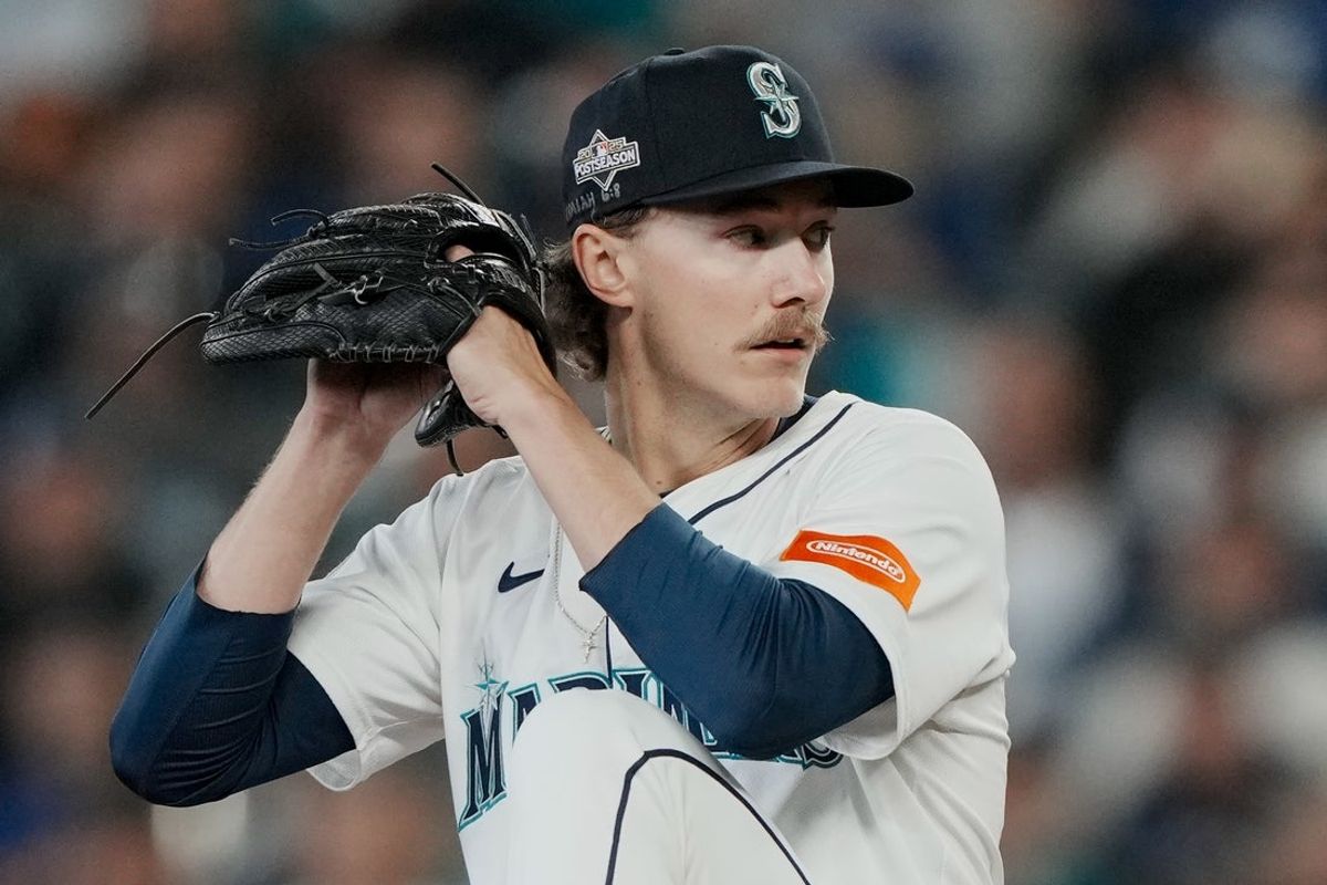 Oct 17, 2025; Seattle, Washington, USA; Seattle Mariners pitcher Bryce Miller (50) throws a pitch against the Toronto Blue Jays in the first inning during game five of the ALCS round for the 2025 MLB playoffs at T-Mobile Park. Mandatory Credit: Stephen Brashear-Imagn Images