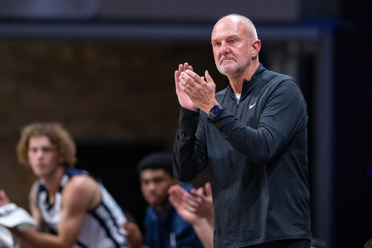 Butler coach Thad Matta react during the first half against the Notre Dame Fighting Irish on Friday, Oct. 17, 2025, at Hinkle Fieldhouse.