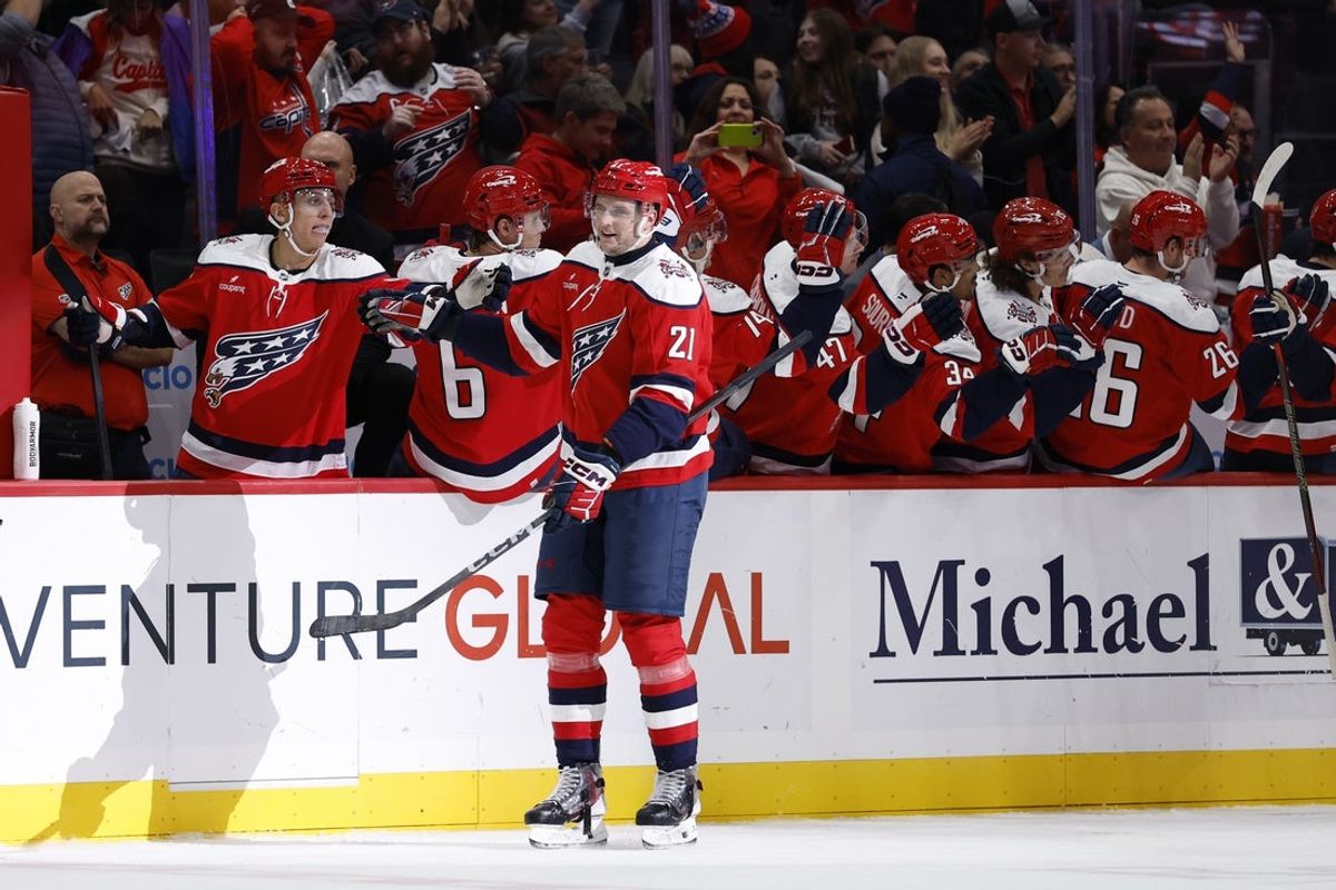 Oct 17, 2025; Washington, District of Columbia, USA; Washington Capitals center Aliaksei Protas (21) celebrates with teammates after scoring a goal Minnesota Wild during the second period at Capital One Arena. Mandatory Credit: Geoff Burke-Imagn Images