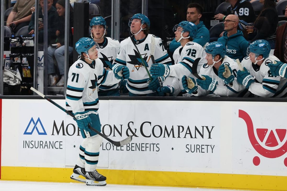 Oct 17, 2025; Salt Lake City, Utah, USA; San Jose Sharks center Macklin Celebrini (71) celebrates a goal against the Utah Mammoth during the third period at Delta Center. Mandatory Credit: Rob Gray-Imagn Images