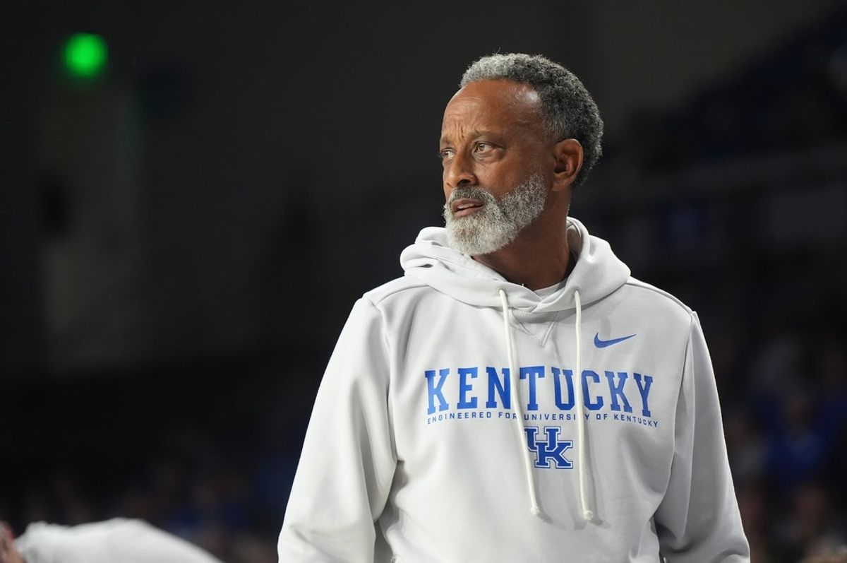 Kentucky’s coach Kenny Brooks watches the play as the Blue and White team scrimmaged each other in Memorial Coliseum Friday night.
Oct. 17, 2025