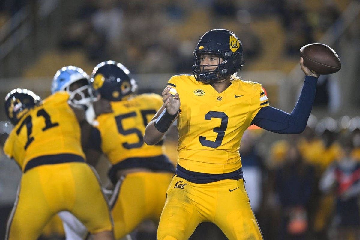 Oct 17, 2025; Berkeley, California, USA; California Golden Bears quarterback Jaron-Keawe Sagapolutele (3) throws against the North Carolina Tar Heels in the fourth quarter at California Memorial Stadium. Mandatory Credit: Eakin Howard-Imagn Images