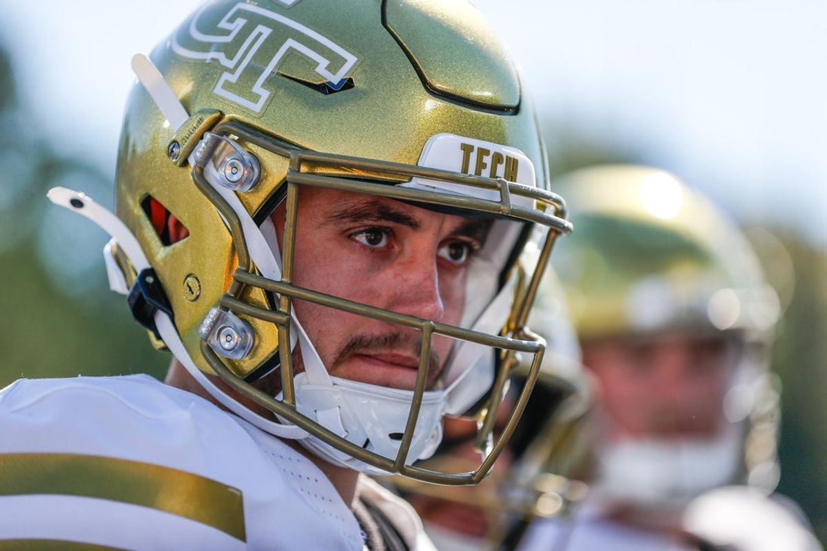 Oct 18, 2025; Durham, North Carolina, USA; Georgia Tech Yellow Jackets quarterback Haynes King (10) looks onto the coin toss before the first half of the game against Duke Blue Devils at Wallace Wade Stadium. Mandatory Credit: Jaylynn Nash-Imagn Images