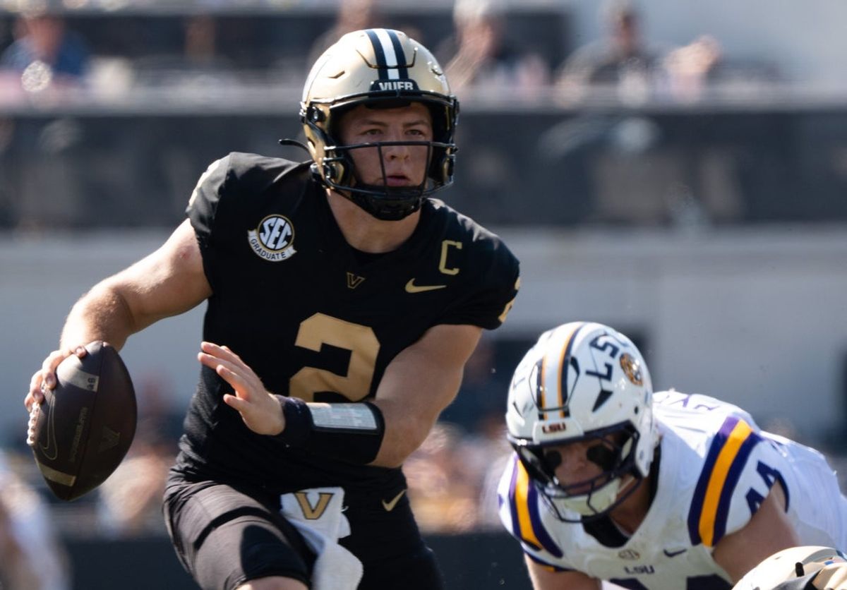 Vanderbilt quarterback Diego Pavia (2) runs the ball during the game between Vanderbilt University and Louisiana State University at FirstBank Stadium in Nashville, Tenn., Saturday, Oct. 18, 2025.