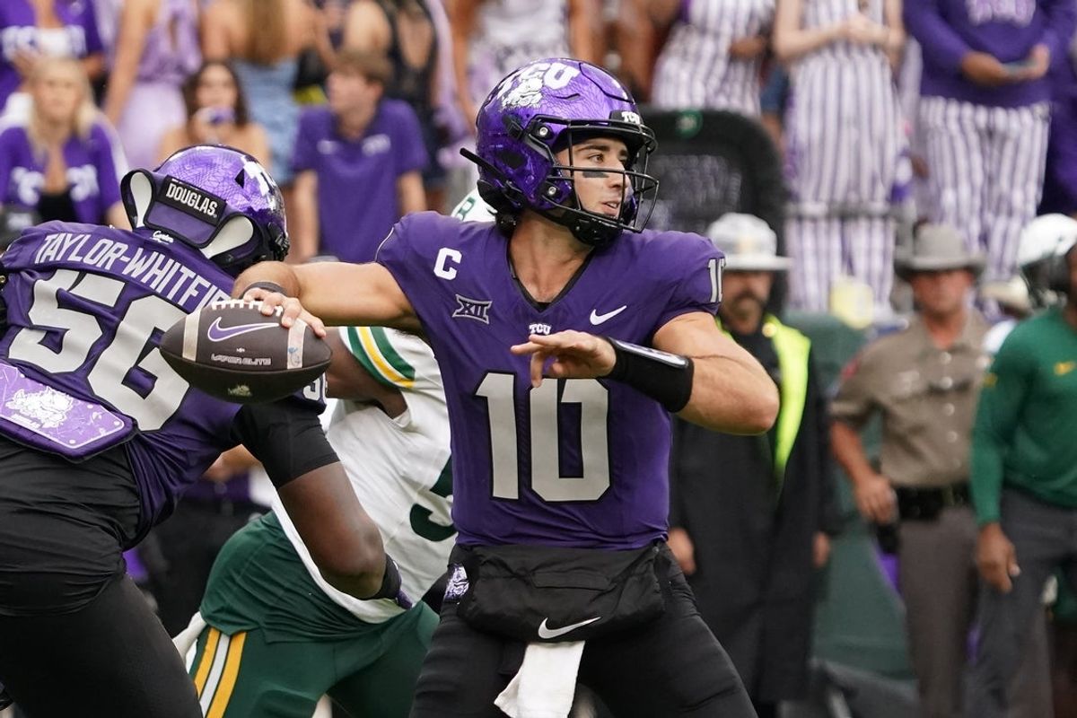 Oct 18, 2025; Fort Worth, Texas, USA; TCU Horned Frogs quarterback Josh Hoover (10) looks downfield against the Baylor Bears during the second half of a game at Amon G. Carter Stadium. Mandatory Credit: Raymond Carlin III-Imagn Images