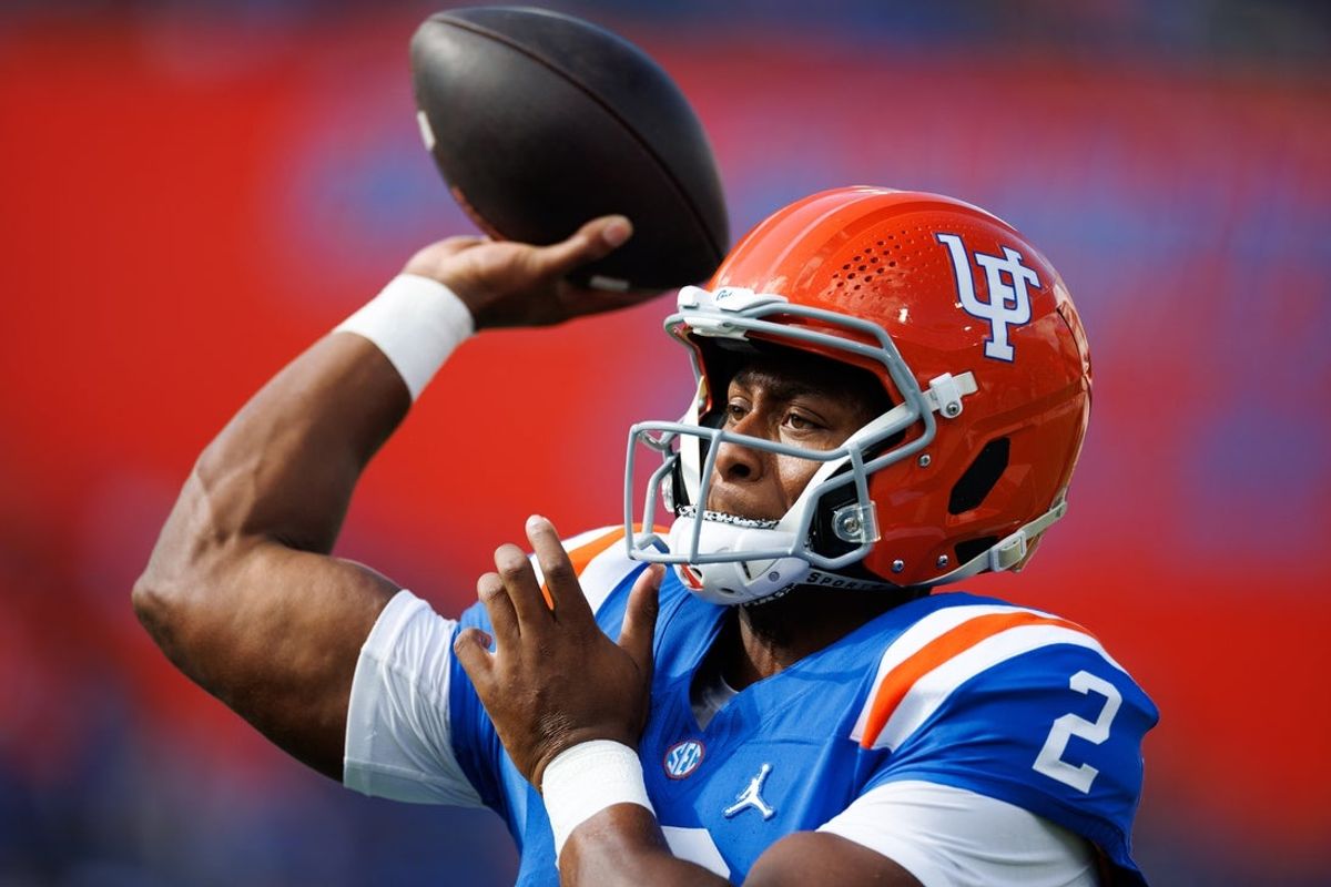 Oct 18, 2025; Gainesville, Florida, USA; Florida Gators quarterback DJ Lagway (2) throws the ball before a game against the Mississippi State Bulldogs at Ben Hill Griffin Stadium. Mandatory Credit: Matt Pendleton-Imagn Images