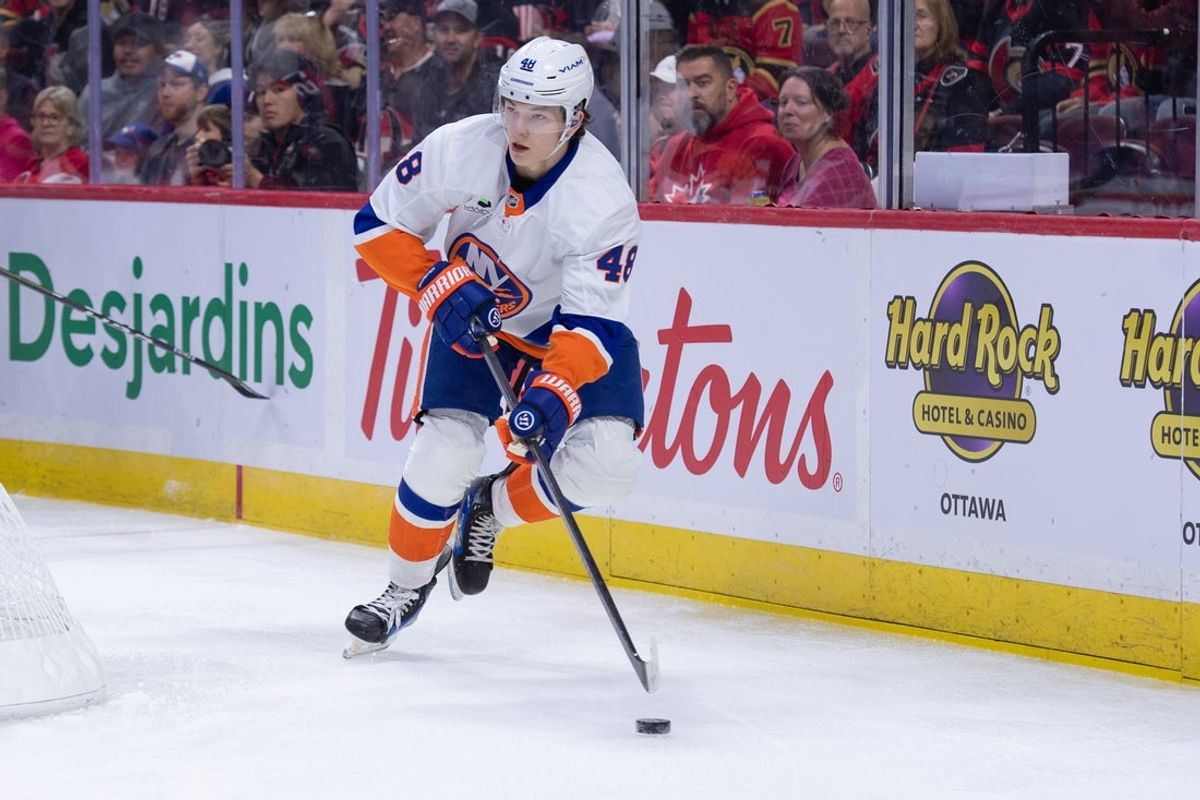 Oct 18, 2025; Ottawa, Ontario, CAN; New York Islanders defenseman Matthew Schaefer (48) skates with the puck in the first period against the Ottawa Senators at the Canadian Tire Centre. Mandatory Credit: Marc DesRosiers-IMAGN Images