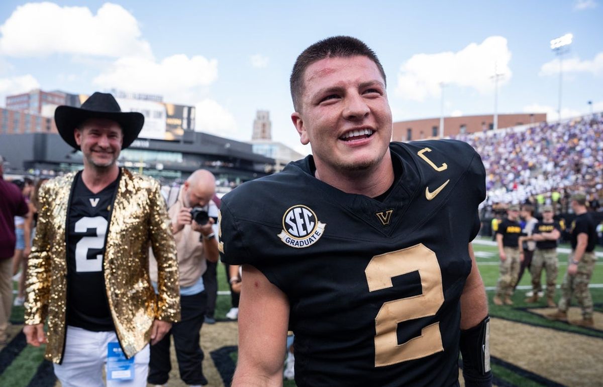 Vanderbilt quarterback Diego Pavia (2) celebrates following the game between Vanderbilt University and Louisiana State University at FirstBank Stadium in Nashville, Tenn., Saturday, Oct. 18, 2025.