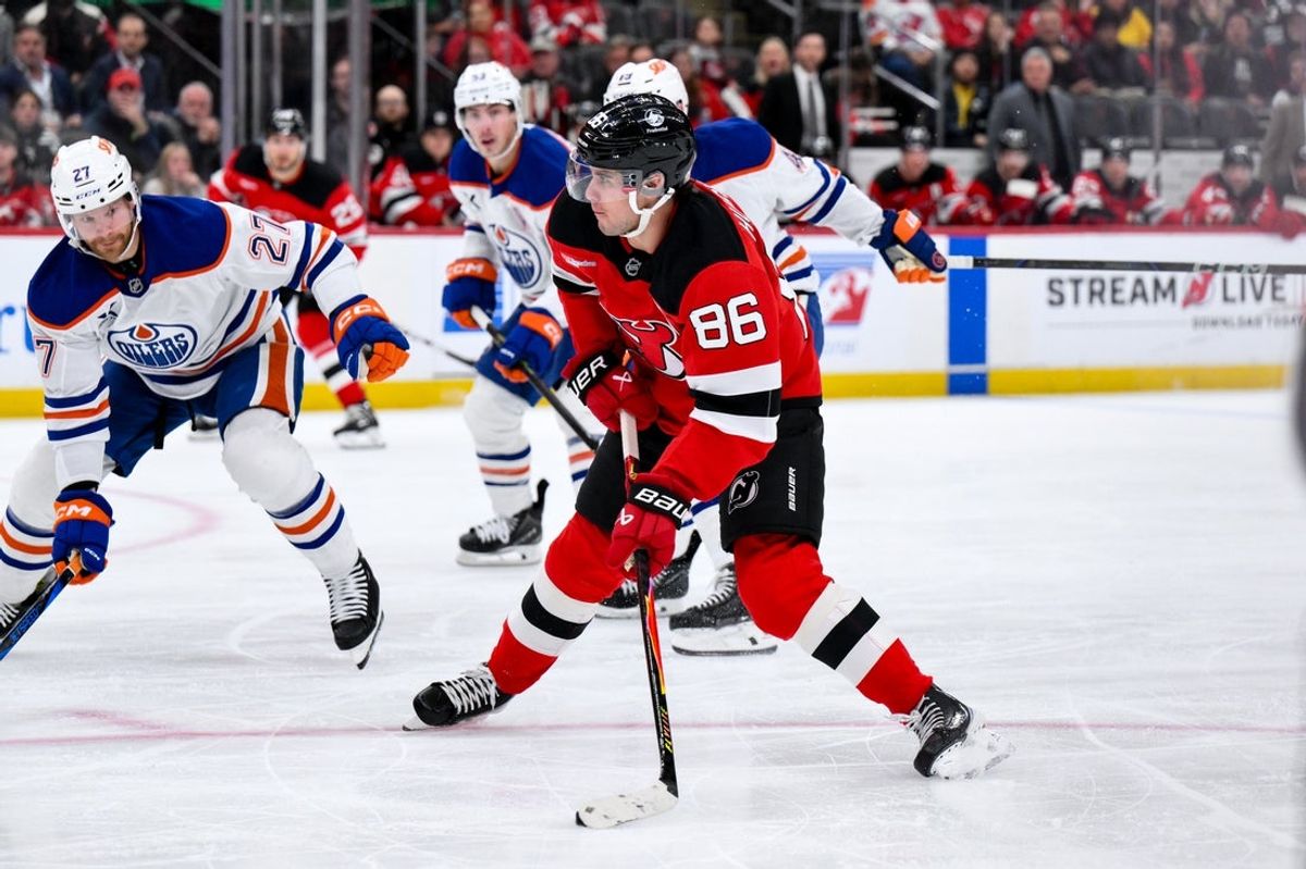 Oct 18, 2025; Newark, New Jersey, USA; New Jersey Devils center Jack Hughes (86) shoots and scores a goal against the Edmonton Oilers during the second period at Prudential Center. Mandatory Credit: John Jones-Imagn Images