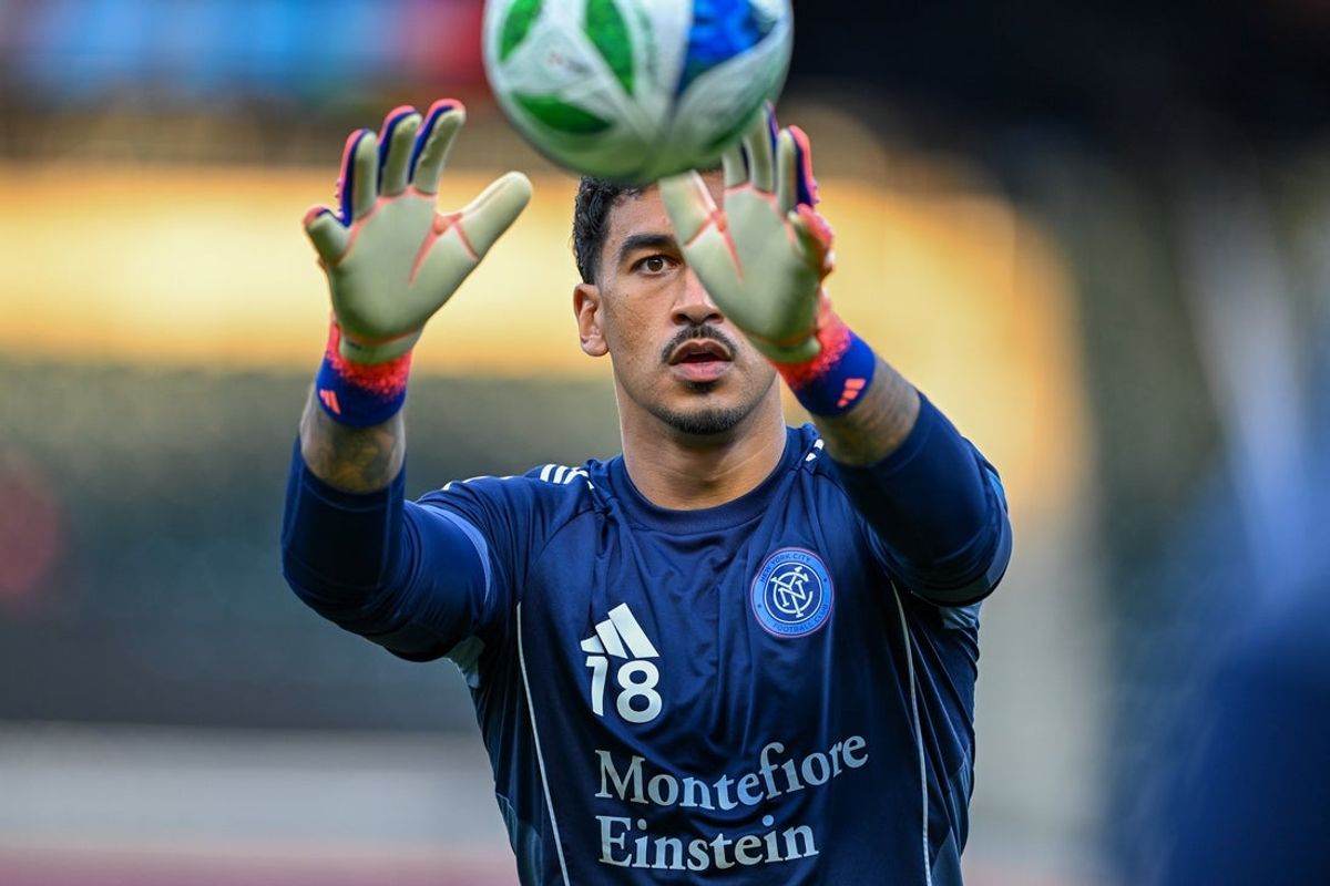 Oct 18, 2025; New York, New York, USA; New York City goalkeeper Greg Ranjitsingh (18) warms up before the match against the Seattle Sounders at Citi Field. Mandatory Credit: Mark Smith-Imagn Images