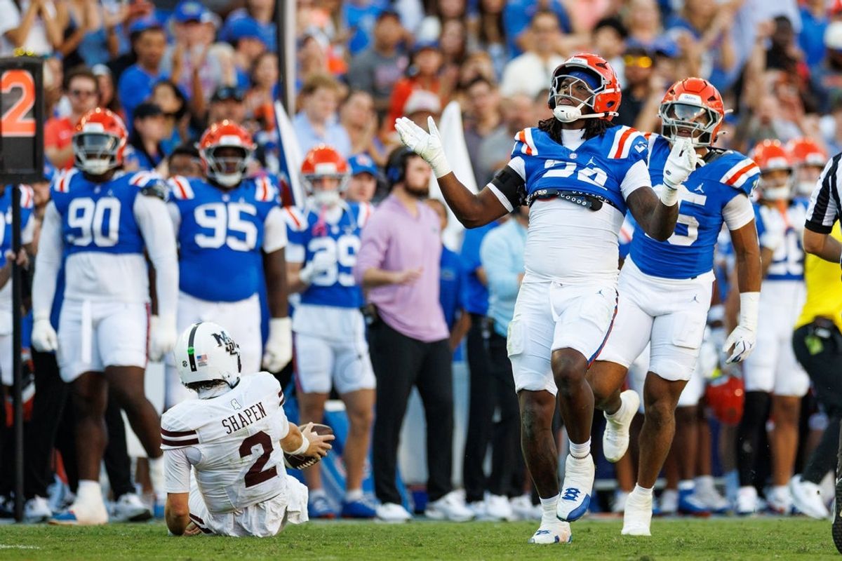 Oct 18, 2025; Gainesville, Florida, USA; Florida Gators defensive end Kamran James (24) gestures after a sack against the Mississippi State Bulldogs during the first half at Ben Hill Griffin Stadium. Mandatory Credit: Matt Pendleton-Imagn Images