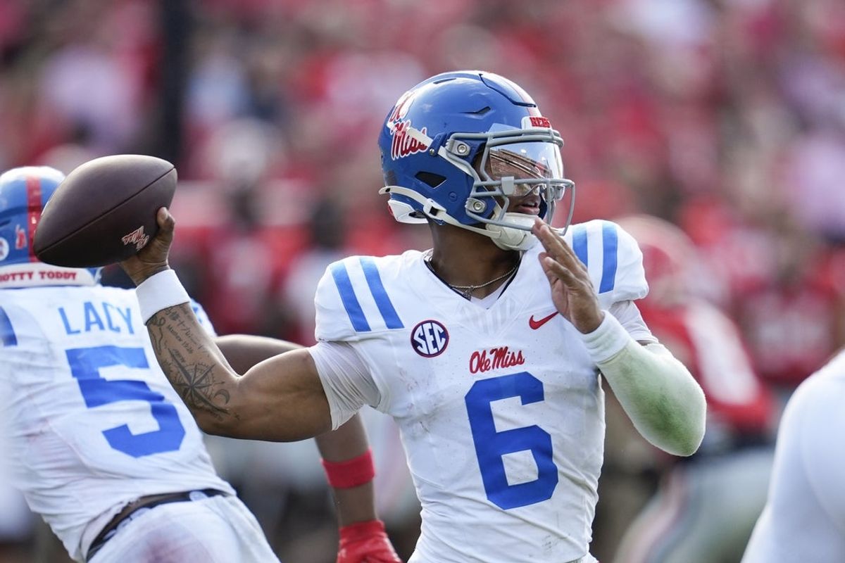 Oct 18, 2025; Athens, Georgia, USA;  Mississippi Rebels quarterback Trinidad Chambliss (6) passes against the Georgia Bulldogs during the first half of the game at Sanford Stadium. Mandatory Credit: Dale Zanine-Imagn Images