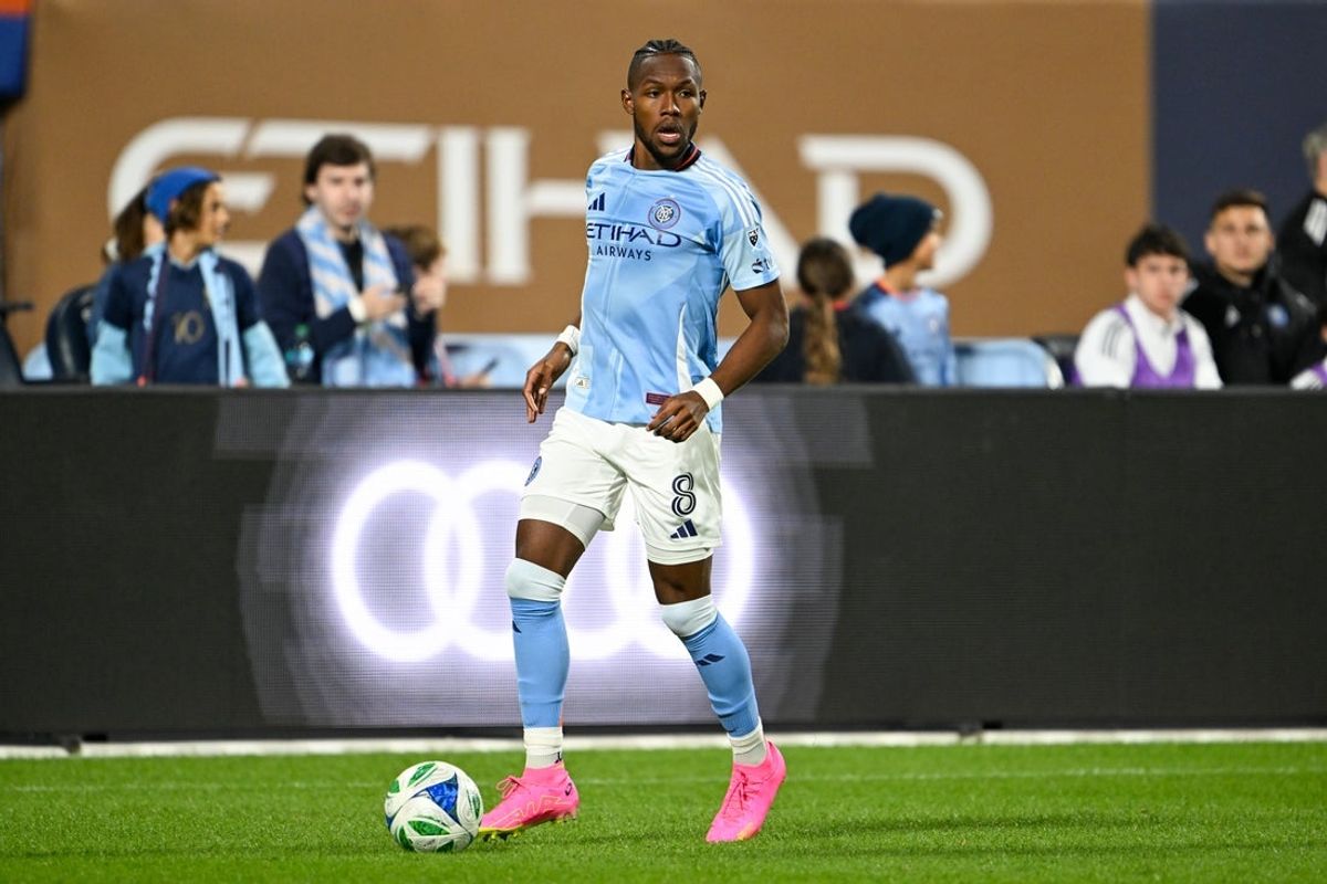 Oct 18, 2025; New York, New York, USA; New York City midfielder Andrés Perea (8) during the first half against the Seattle Sounders at Citi Field. Mandatory Credit: Mark Smith-Imagn Images