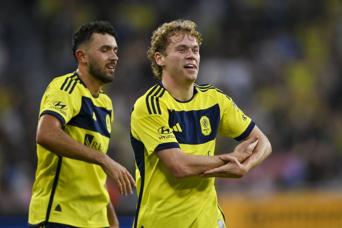 Oct 18, 2025; Nashville, Tennessee, USA;  Nashville SC forward Jacob Shaffelburg (14) celebrates his goal against Inter Miami during the first half at Geodis Park. Mandatory Credit: Steve Roberts-Imagn Images