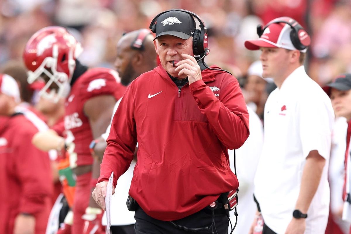 Oct 18, 2025; Fayetteville, Arkansas, USA; Arkansas Razorbacks interim head coach Bobby Petrino during the second quarter against the Texas A&M Aggies at Donald W. Reynolds Razorback Stadium. Mandatory Credit: Nelson Chenault-Imagn Images