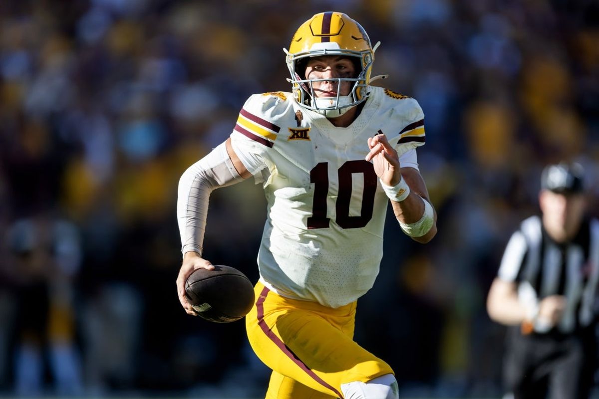Oct 18, 2025; Tempe, Arizona, USA; Arizona State Sun Devils quarterback Sam Leavitt (10) against the Texas Tech Red Raiders in the second half at Mountain America Stadium. Mandatory Credit: Mark J. Rebilas-Imagn Images