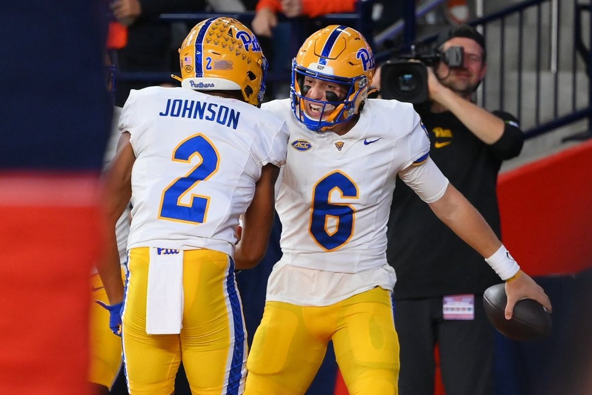 Oct 18, 2025; Syracuse, New York, USA; Pittsburgh Panthers quarterback Mason Heintschel (6) celebrates his touchdown run with wide receiver Kenny Johnson (2) against the Syracuse Orange during the first half at the JMA Wireless Dome. Mandatory Credit: Rich Barnes-Imagn Images