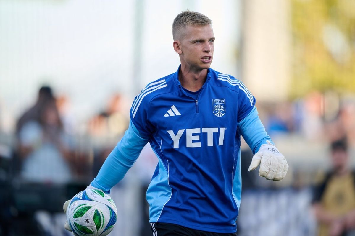 Oct 18, 2025; San Jose, California, USA; Austin FC goalkeeper Stefan Cleveland (30) warms up before the game against the San Jose Earthquakes at PayPal Park. Mandatory Credit: Robert Edwards-Imagn Images
