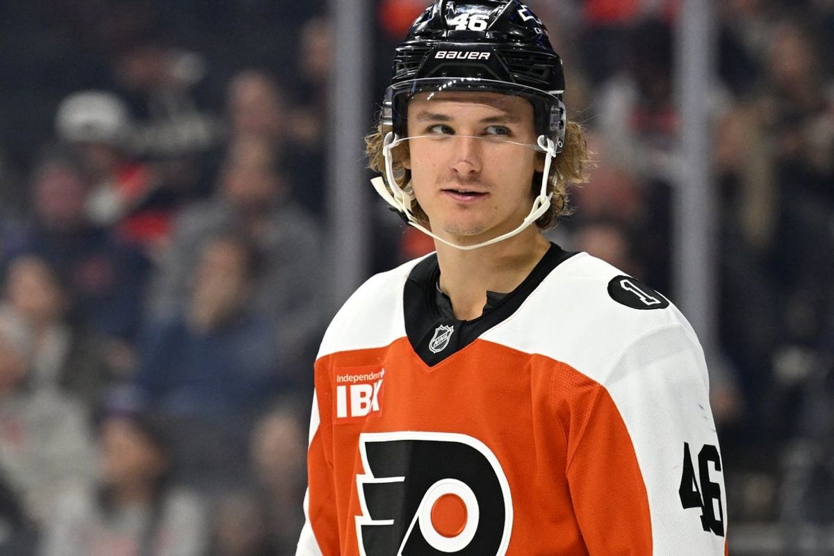 Oct 18, 2025; Philadelphia, Pennsylvania, USA; Philadelphia Flyers center Trevor Zegras (46) against the Minnesota Wild during the second period at Wells Fargo Center. Mandatory Credit: Eric Hartline-Imagn Images
