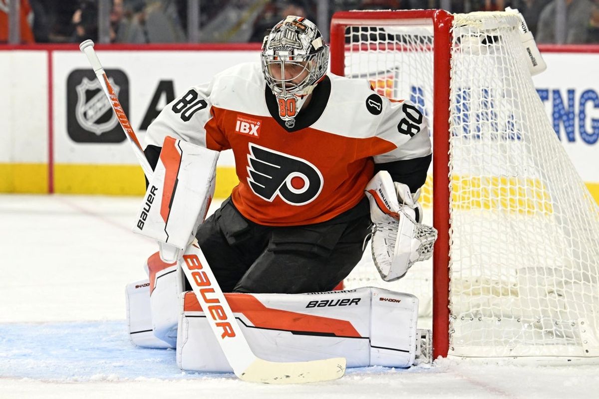Oct 18, 2025; Philadelphia, Pennsylvania, USA; Philadelphia Flyers goaltender Dan Vladar (80) against the Minnesota Wild during the second period at Wells Fargo Center. Mandatory Credit: Eric Hartline-Imagn Images