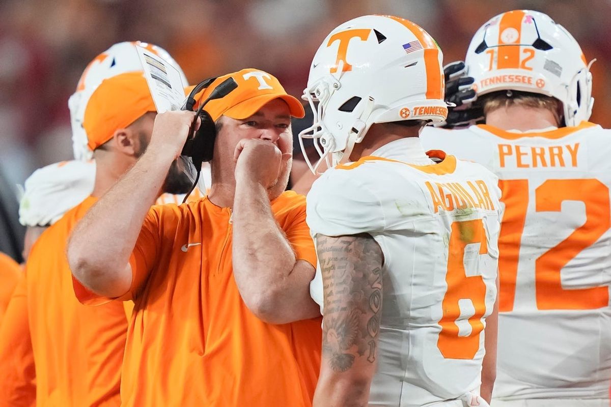 Tennessee coach Josh Heupel talks with Tennessee quarterback Joey Aguilar (6) during a college football game between Tennessee and Alabama at Bryant-Denny Stadium in Tuscaloosa, Ala., on Oct. 18, 2025.