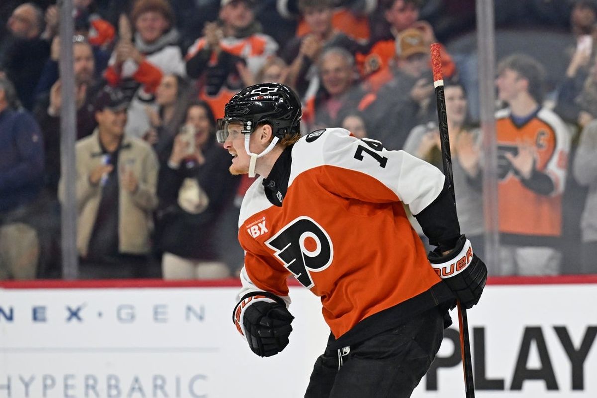 Oct 18, 2025; Philadelphia, Pennsylvania, USA; Philadelphia Flyers right wing Owen Tippett (74) skates back to the bench after scoring a goal against the Minnesota Wild during the third period at Wells Fargo Center. Mandatory Credit: Eric Hartline-Imagn Images
