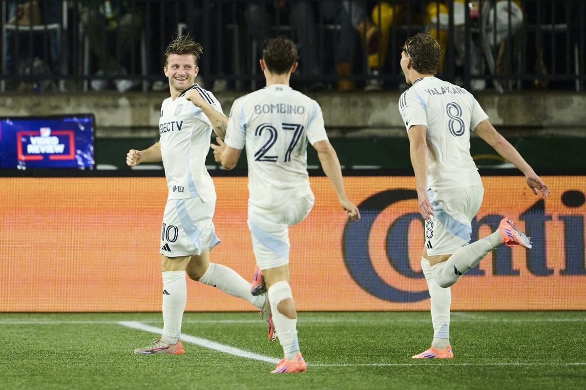 Oct 18, 2025; Portland, Oregon, USA; San Diego FC midfielder Anders Dreyer (10) celebrates during the second half after scoring a goal against the Portland Timbers at Providence Park. Mandatory Credit: Troy Wayrynen-Imagn Images