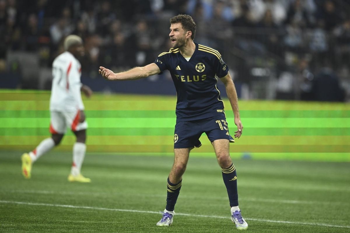Oct 18, 2025; Vancouver, British Columbia, CAN;  Vancouver Whitecaps FC midfielder Thomas Muller (13) reacts during the second half against FC Dallas at BC Place. Mandatory Credit: Anne-Marie Sorvin-Imagn Images