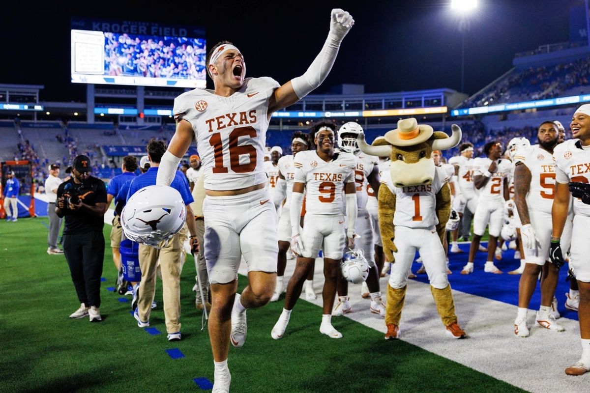 Oct 18, 2025; Lexington, Kentucky, USA; Texas Longhorns defensive back Michael Taaffe (16) celebrates after the game against the Kentucky Wildcats at Kroger Field. Mandatory Credit: Jordan Prather-Imagn Images