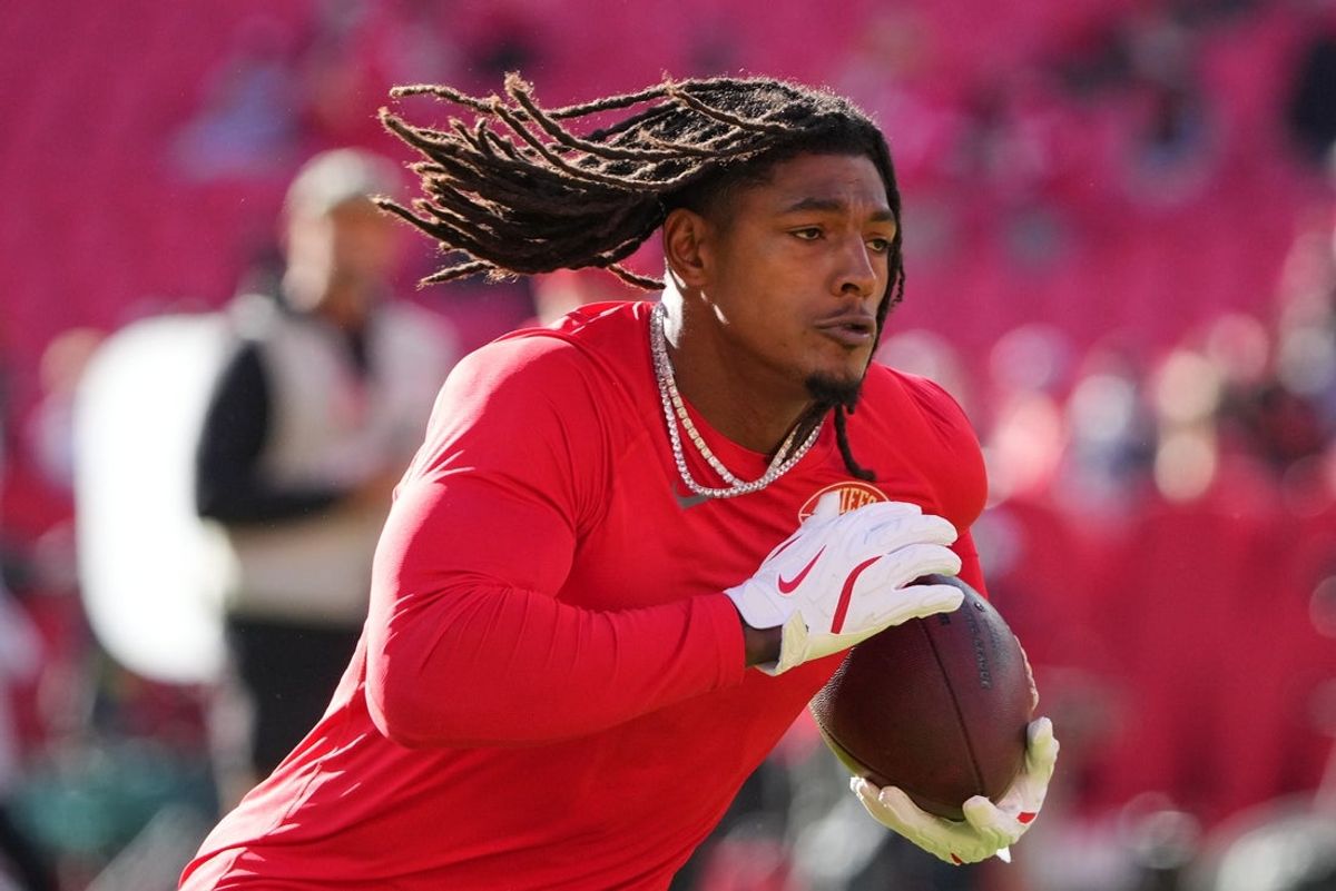 Oct 19, 2025; Kansas City, Missouri, USA; Kansas City Chiefs running back Isiah Pacheco (10) warms up prior to the game against the Las Vegas Raiders at GEHA Field at Arrowhead Stadium. Mandatory Credit: Denny Medley-Imagn Images