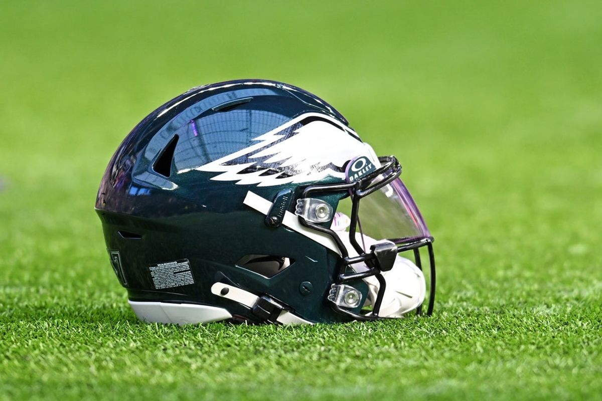 Oct 19, 2025; Minneapolis, Minnesota, USA; A general view of the Philadelphia Eagles helmet before the game against the Minnesota Vikings at U.S. Bank Stadium. Mandatory Credit: Jeffrey Becker-Imagn Images