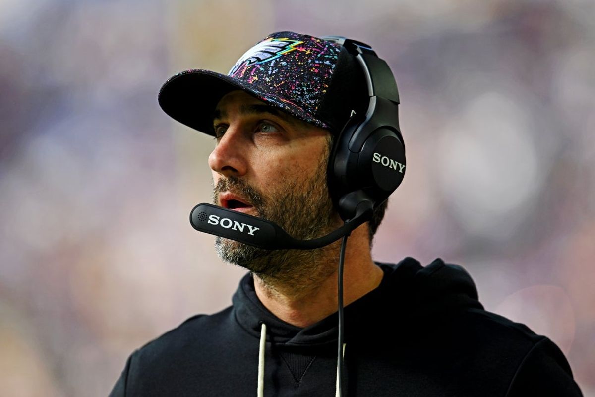 Oct 19, 2025; Minneapolis, Minnesota, USA; Philadelphia Eagles head coach Nick Sirianni looks on during the second half against the Minnesota Vikings at U.S. Bank Stadium. Mandatory Credit: Jeffrey Becker-Imagn Images