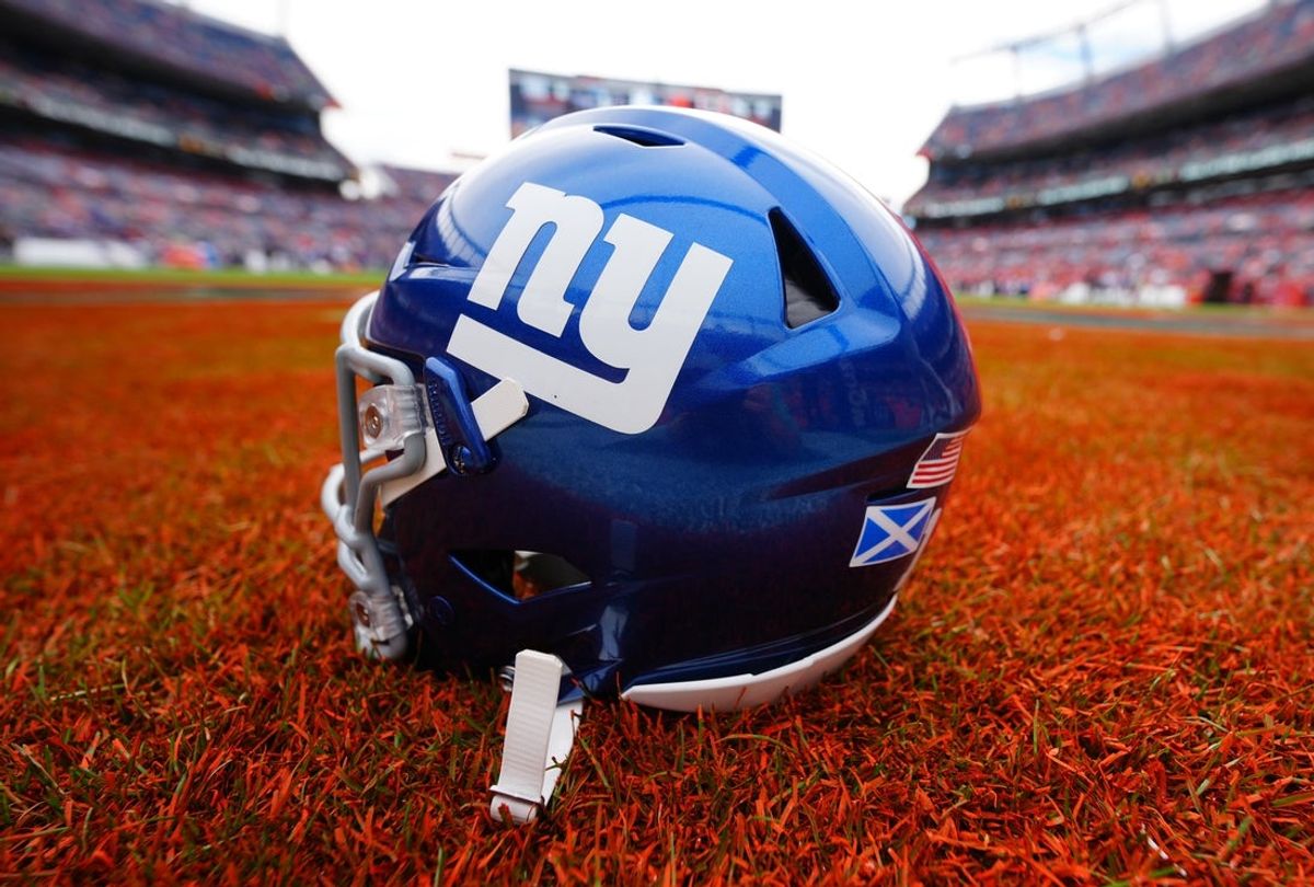 Oct 19, 2025; Denver, Colorado, USA; A general view of the New York Giants helmet before the game against the Denver Broncos at Empower Field at Mile High. Mandatory Credit: Ron Chenoy-Imagn Images