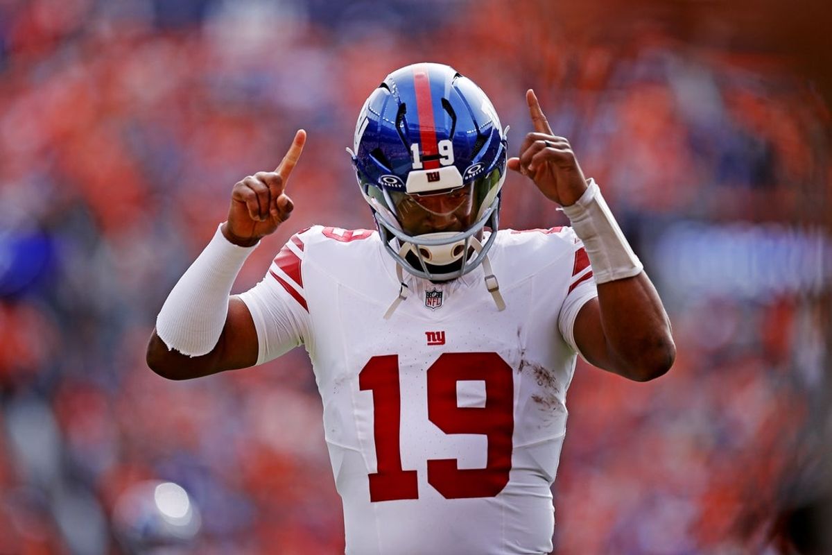 Oct 19, 2025; Denver, Colorado, USA; New York Giants quarterback Jameis Winston (19) reacts before the game against the Denver Broncos at Empower Field at Mile High. Mandatory Credit: Isaiah J. Downing-Imagn Images