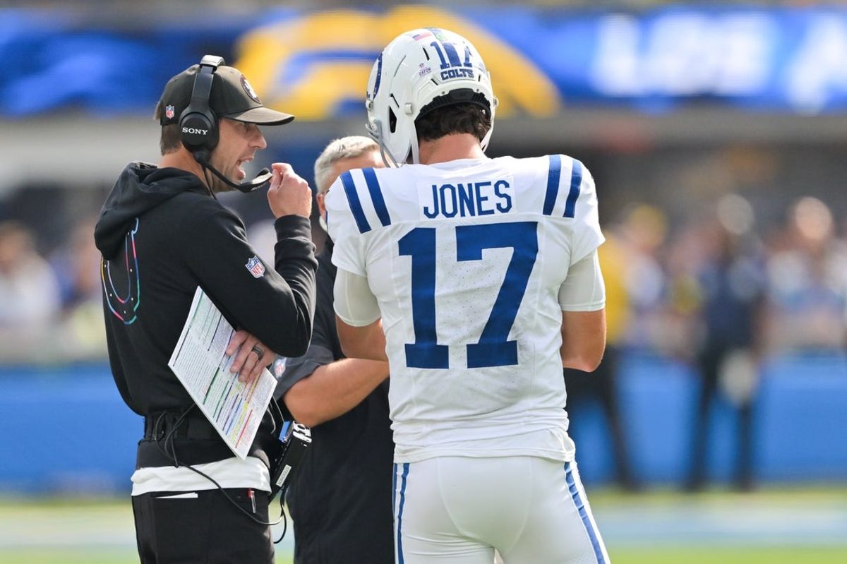 Oct 19, 2025; Inglewood, California, USA; Indianapolis Colts quarterback Daniel Jones (17) speaks with head coach Shane Steichen in the first quarter against the Los Angeles Chargers at SoFi Stadium. Mandatory Credit: Jayne Kamin-Oncea-Imagn Images