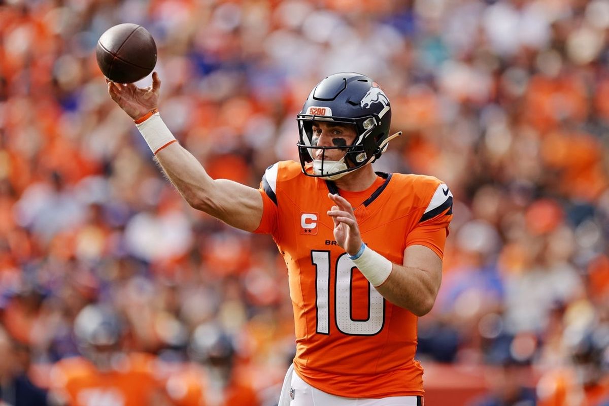 Oct 19, 2025; Denver, Colorado, USA; Denver Broncos quarterback Bo Nix (10) makes a pass during the first half against the New York Giants at Empower Field at Mile High. Mandatory Credit: Isaiah J. Downing-Imagn Images