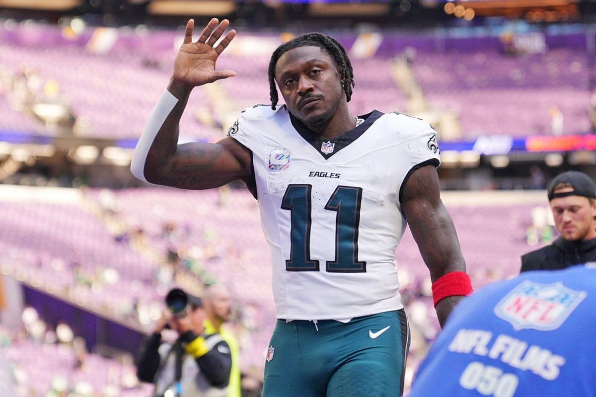 Oct 19, 2025; Minneapolis, Minnesota, USA; Philadelphia Eagles wide receiver A.J. Brown (11) waves to the fans after the game against the Minnesota Vikings at U.S. Bank Stadium. Mandatory Credit: Brad Rempel-Imagn Images