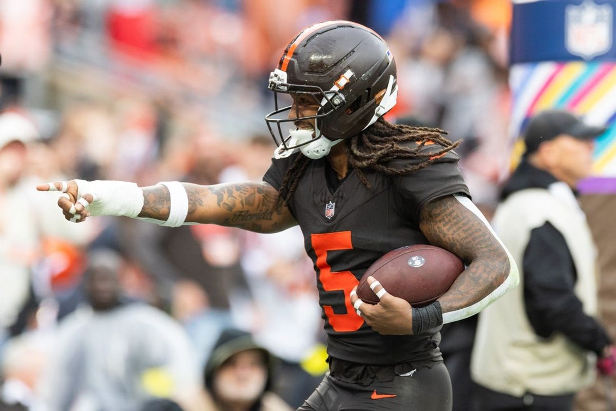 Oct 19, 2025; Cleveland, Ohio, USA; Cleveland Browns safety Rayshawn Jenkins (5) reacts after intercepting a pass against the Miami Dolphins during the fourth quarter at Huntington Bank Field. Mandatory Credit: Scott Galvin-Imagn Images