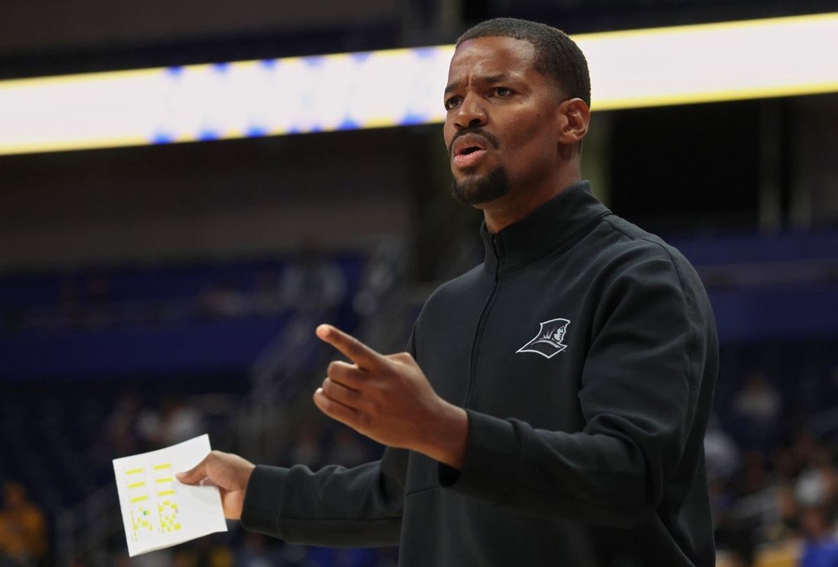 Oct 19, 2025; Pittsburgh, PA, USA;  Providence Friars head coach Kim English looks on against the Pittsburgh Panthers during the second half at the Petersen Events Center. Mandatory Credit: Charles LeClaire-Imagn Images