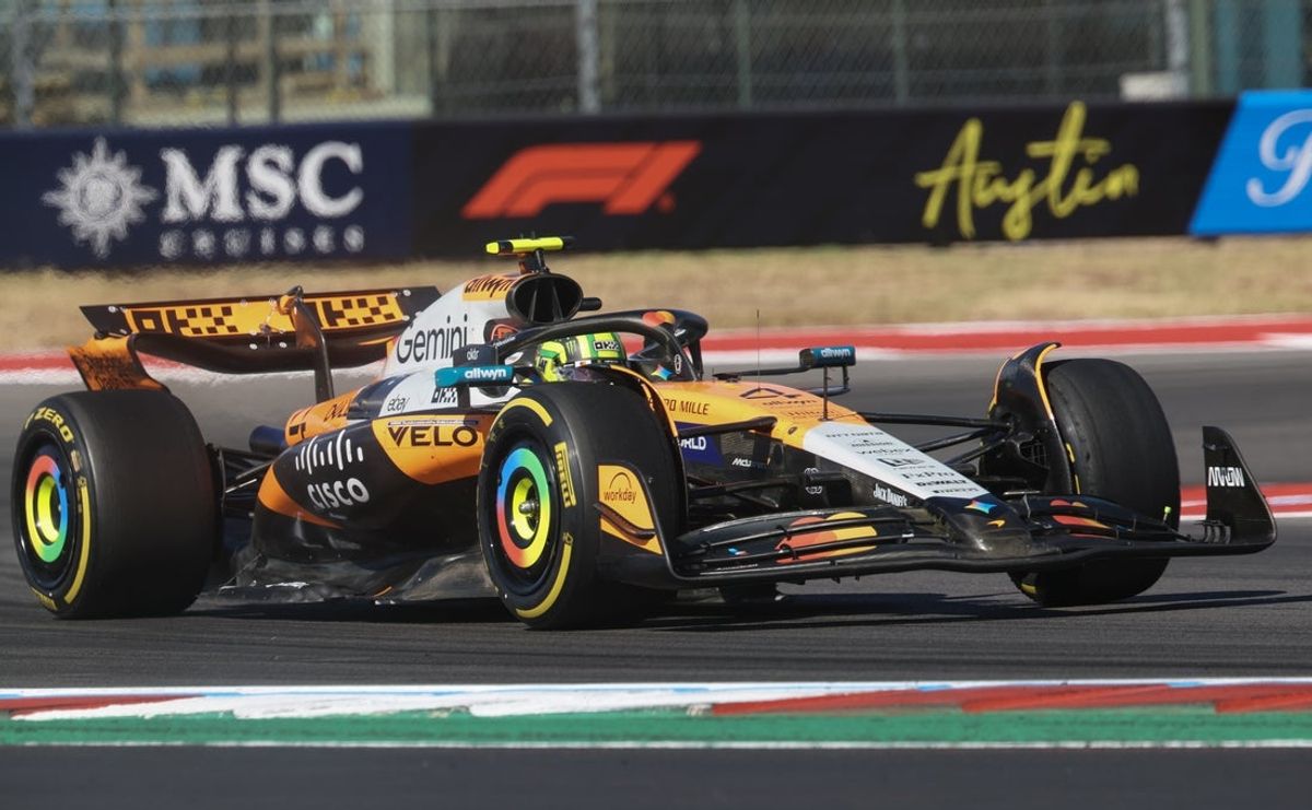 Oct 19, 2025; Austin, TX, USA;  McLaren Renault Team driver Lando Norris (4) of Team Great Britain, second place into turn 20 at Circuit of The Americas Austin. Mandatory Credit: Thomas Shea-Imagn Images