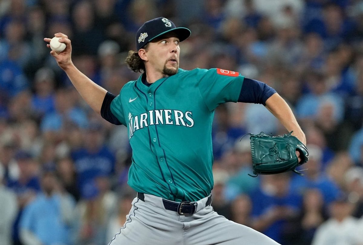 Oct 19, 2025; Toronto, Ontario, CAN; Seattle Mariners pitcher Logan Gilbert (36) throws in the first inning against the Toronto Blue Jays during game six of the ALCS round for the 2025 MLB playoffs at Rogers Centre. Mandatory Credit: Nick Turchiaro-Imagn Images