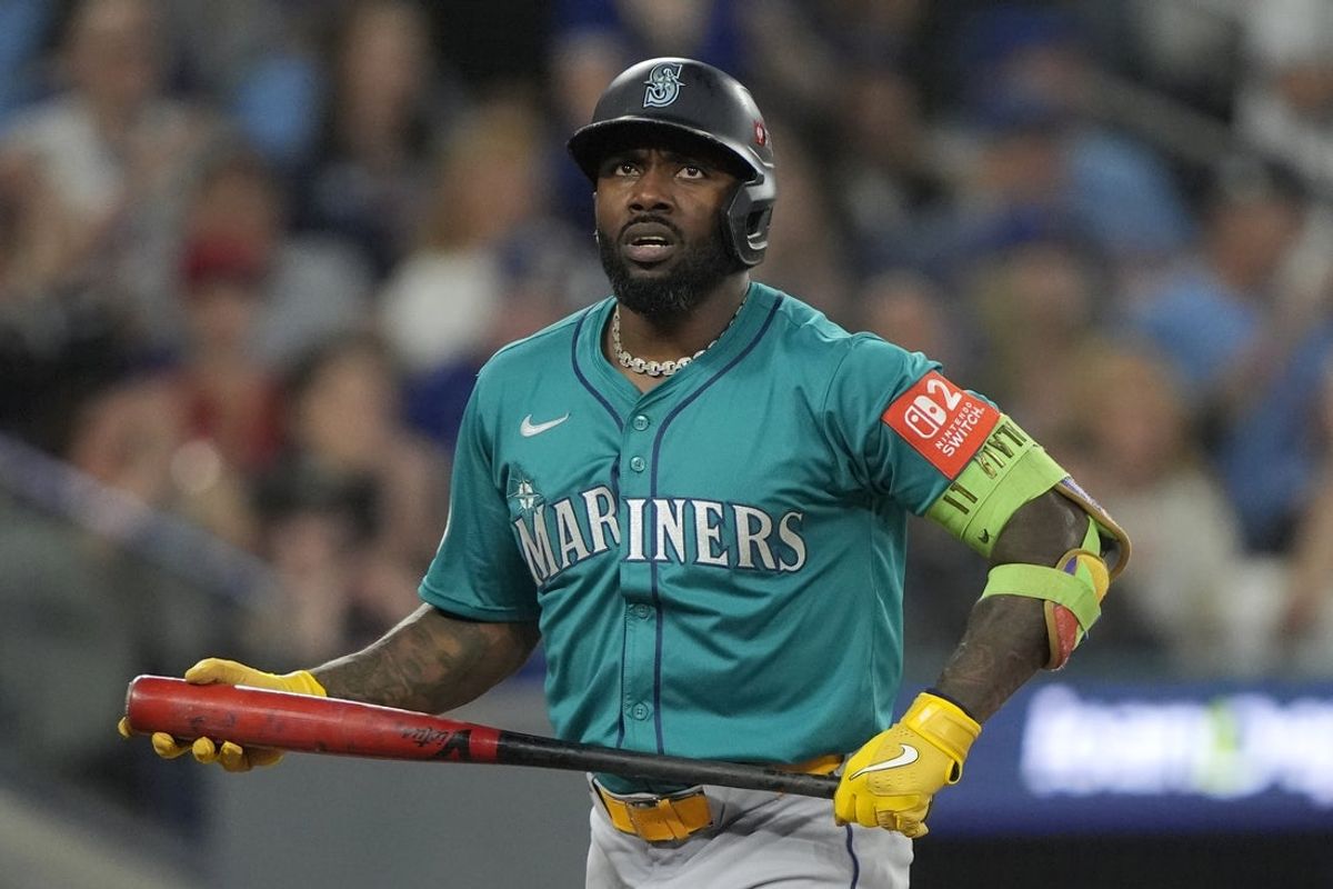 Oct 19, 2025; Toronto, Ontario, CAN;  Seattle Mariners left fielder Randy Arozarena (56) reacts after striking out against the Toronto Blue Jays in the second inning during game six of the ALCS round for the 2025 MLB playoffs at Rogers Centre. Mandatory Credit: John E. Sokolowski-Imagn Images
