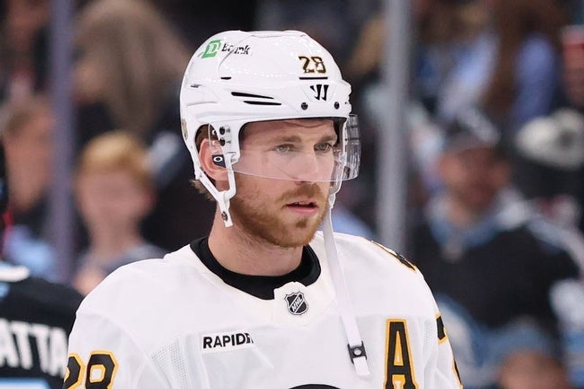 Oct 19, 2025; Salt Lake City, Utah, USA; Boston Bruins center Elias Lindholm (28) prepares for the game against the Utah Mammoth at Delta Center. Mandatory Credit: Rob Gray-Imagn Images