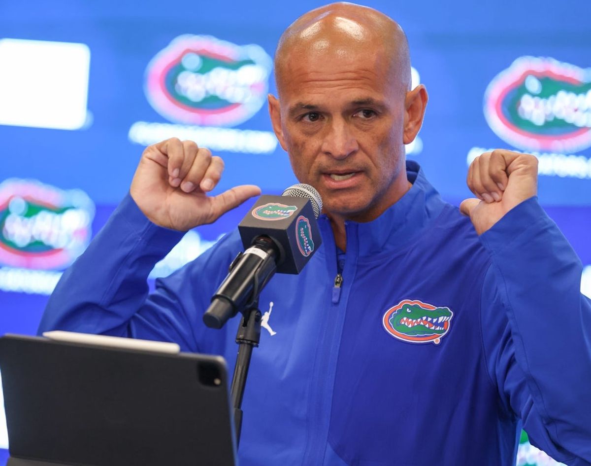 New Florida interim coach Billy Gonzales take questions during a press conference about Billy Napier’s firing at Heavener Football Center in Gainesville, FL on Monday, October 20, 2025. Gonzales was the Wide Receivers coach for the team. [Alan Youngblood/Gainesville Sun]